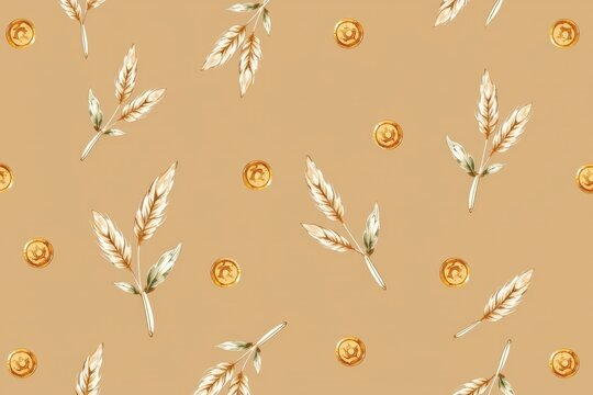 A boho coastal pattern featuring watercolor illustrations of dried sea oats and scattered pirate gold coins on a warm sand colored background.