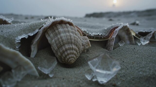 Tide nudging shell cluster at shore, amber strip sliding down sand with crystal shards glinting