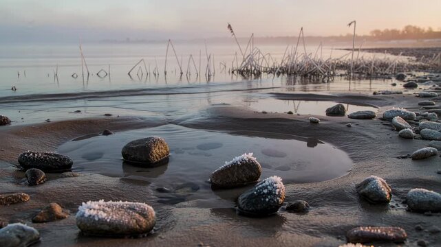 Frosty stones glowing as dawn light and gentle ripple reshaping shore pools, reed reflection