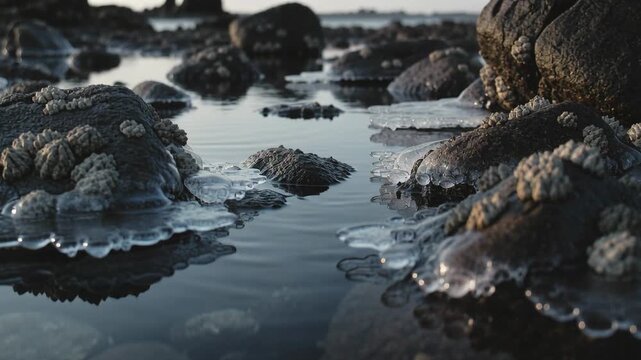 Panning camera after push revealing barnacled rocks, tidal pool and bubbles to show pebbles