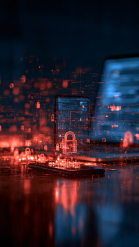 Digital Endpoint Security Concept with Glowing Padlock Holograms on Smartphone