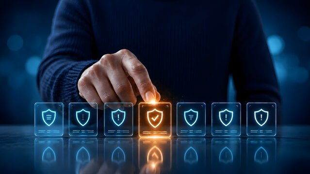 IT administrator hand activating a verified security shield icon among warning alerts on a digital interface