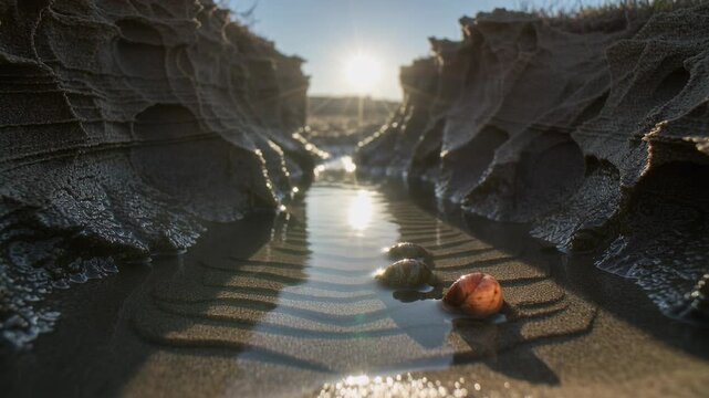 Flowing tidal runnel with two shells rippling toward horizon at beach, sun creating starburst
