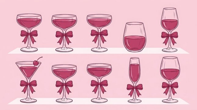Elegant Hand-Drawn Illustration of Various Wine and Cocktail Glasses with Pink Bows on Shelves