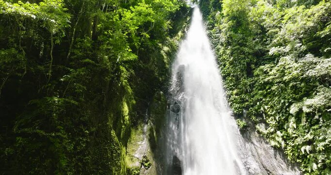 Waterfall in the rainforest. Pulang Tubig Falls in mountain jungle. Negros, Philippines.