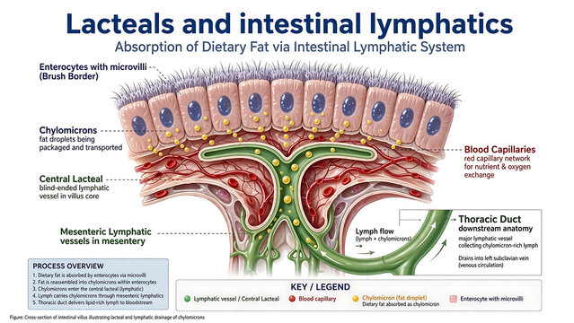 Lymphatic capillaries and the intestinal lymphatic system in relation to fat absorption (Lacteals and Intestinal Lymphatics)