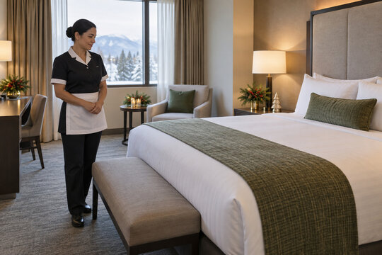 Hotel housekeeper inspecting Christmas guest room
