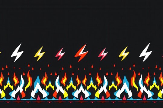 A geometric tribal border pattern of thick jagged lightning bolt motifs interlocking like monstrous teeth in bold primary colors on a dark background.
