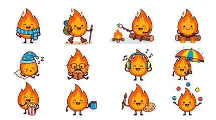 Obraz premium Cute Fire Character Mascot Set with Various Activities and Emotions for Kids and Creative Design Projects