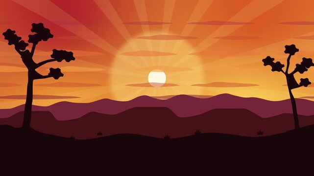 Pixel art sunset over desert mountains with silhouetted trees and sun rays, vintage video game style