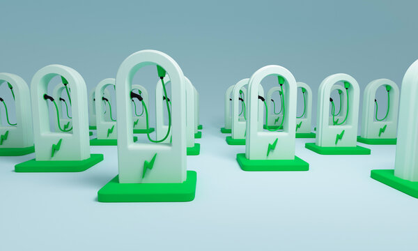 Row of electric vehicle charging stations offering sustainable energy