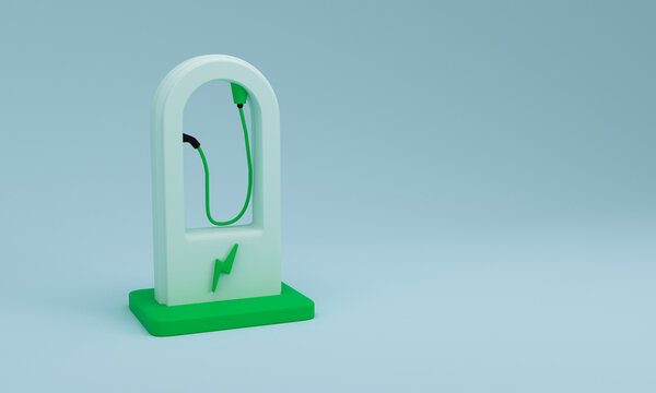 Electric vehicle charging station concept on light blue background