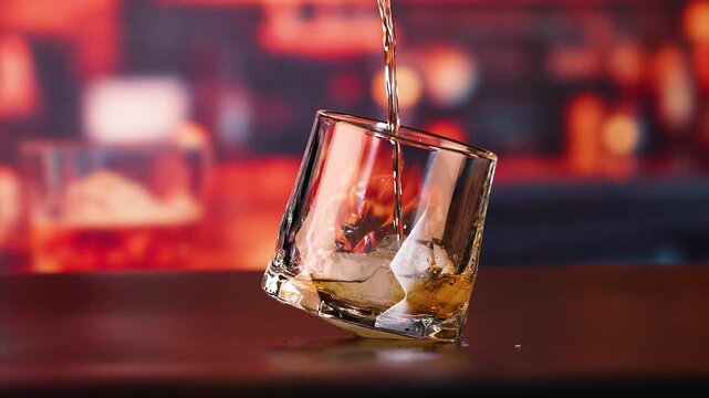 Bourbon whiskey pouring into crystal glass with ice cubes on dark table with bokeh lights background cinematic motion.