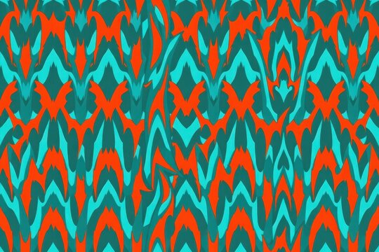 A tribal geometric seamless pattern featuring dense repeating rows of sharp jagged chevron stripes resembling monster claws in turquoise and orange.