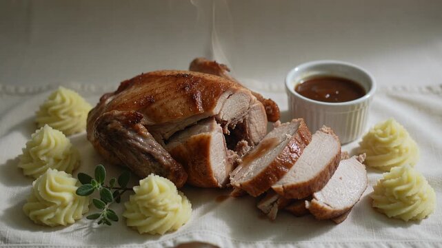 Showing roasted bird sending steam after carving on cloth table with sliced breast, mashed rosettes