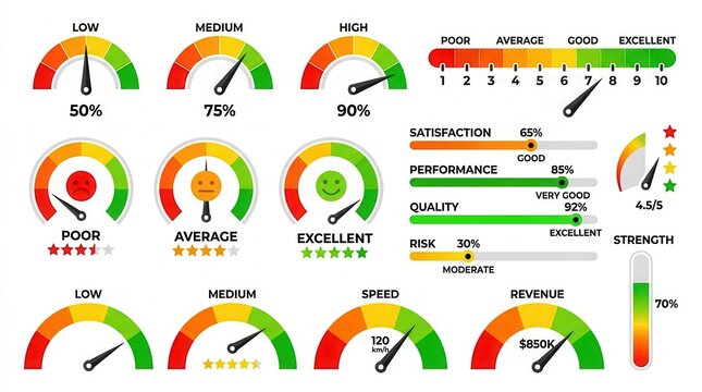 Set of Dashboard UI Elements with Gauges, Meters, and Progress Bars for Business Performance and Customer Satisfaction Monitoring