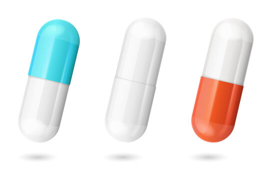 Three colorful pills on transparent background