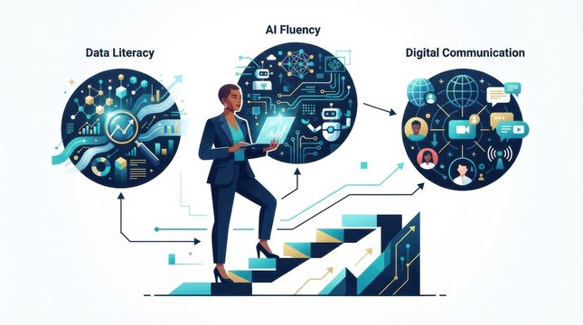 A business leader stands on stairs holding a device, surrounded by concepts of data literacy, AI fluency, and digital communication.