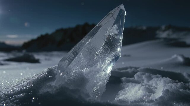 Dollying camera moving toward faceted crystal on snowfield after left flare highlighting fractures