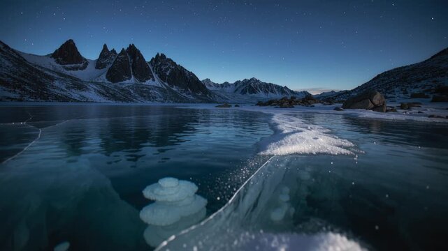 Gliding camera revealing fractured ice ridge and bubble columns on frozen alpine lake at dusk
