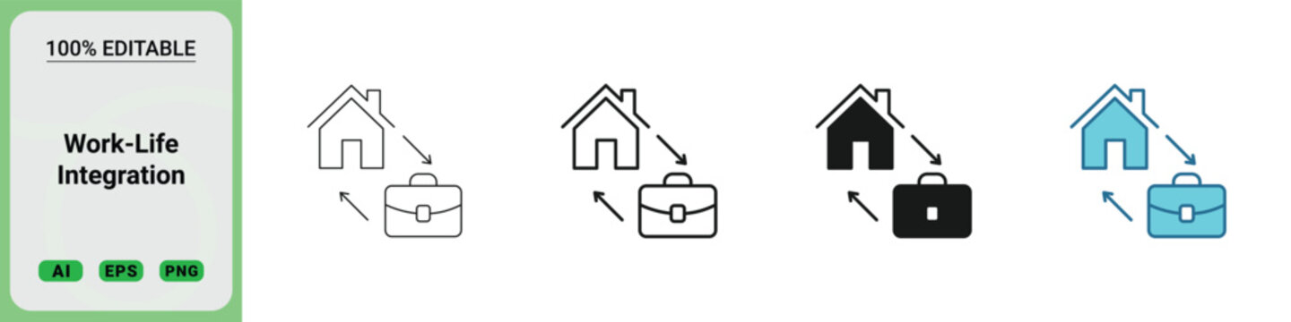 Worklife integration icon set featuring house and briefcase symbols with arrows indicating movement between home and work