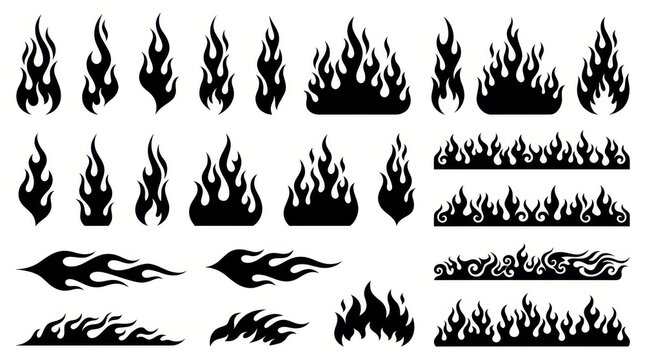 Collection of Black Flame Silhouettes and Fire Icons for Graphic Design and Tribal Tattoos