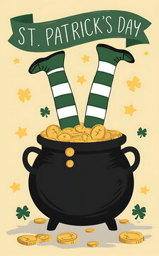St patricks day greeting card with leprechaun legs sticking out of a pot of gold, an illustrated