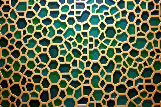 A Moroccan tile pattern of repeating complex geometric interlocking hexagons forming a mesmerizing dense honeycomb grid of cobwebs in emerald and gold.