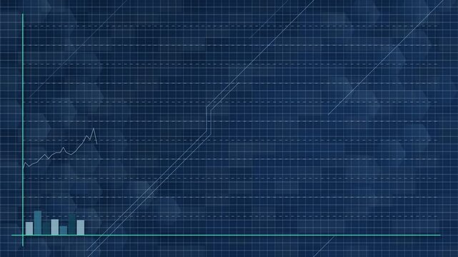 Business growth data graph showing financial success and rising statistics over blue digital grid background.