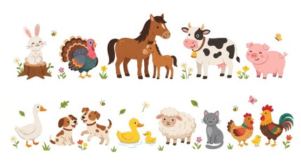 Obraz premium Cute Cartoon Farm Animals Collection with Horse Cow Pig Sheep Chicken and Dog Vector Illustration for Kids