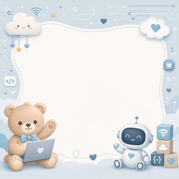 Cute modern baby shower banner with tech elements, cute teddy bear using a laptop, and friendly robot in blue colors