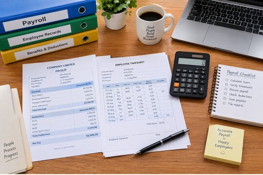 Flat Lay of Payroll Documents with Timesheet, Payslip, and Checklist