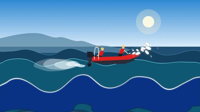 Pixel art animation of a red inflatable boat with two people on choppy blue ocean waves under a bright sun