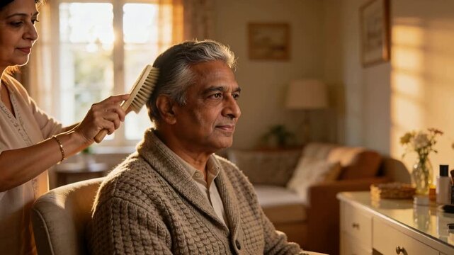 Picking up brush wife combing senior man's hair at vanity near window, caring for partner