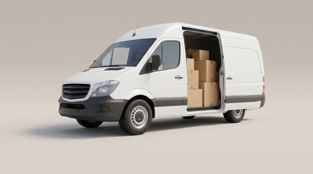 White commercial delivery van with open door and cargo boxes
