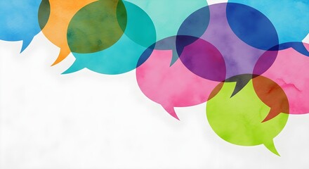 Vibrant Watercolor Speech Bubbles with overlapping transparent colorful dialogue clouds on white background ideal for communication concepts and social media marketing.