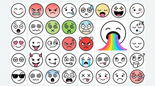 Collection of Various Emoji Face Icons with Different Expressions and Emotions for Digital Communication and Design