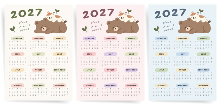 One Page Calendar 2027. Calendar templates 2027 for wall and desk use. Set of ready to print annual layouts. Sleeping Bear and Cat 2027 calendar design.	 