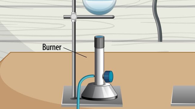 Educational laboratory distillation apparatus animation showing chemical process with burner and condenser equipment.