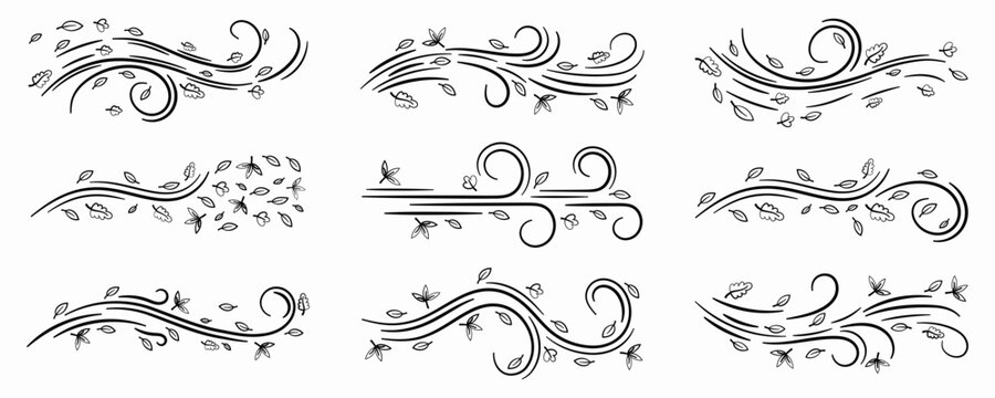 Decorative wind line collection with swirling air currents, falling leaves and natural autumn elements