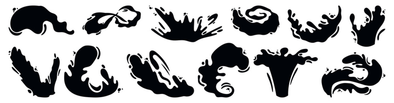 Black liquid splash shapes collection with flowing drops, waves and dynamic fluid forms