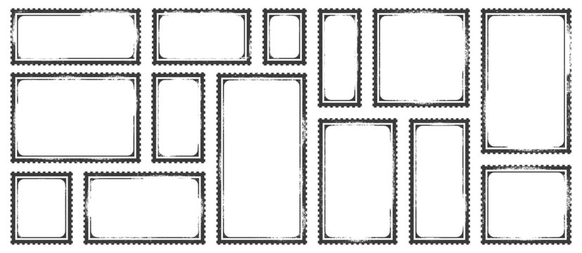 Grunge postage stamp frame collection with distressed rectangular borders in various horizontal