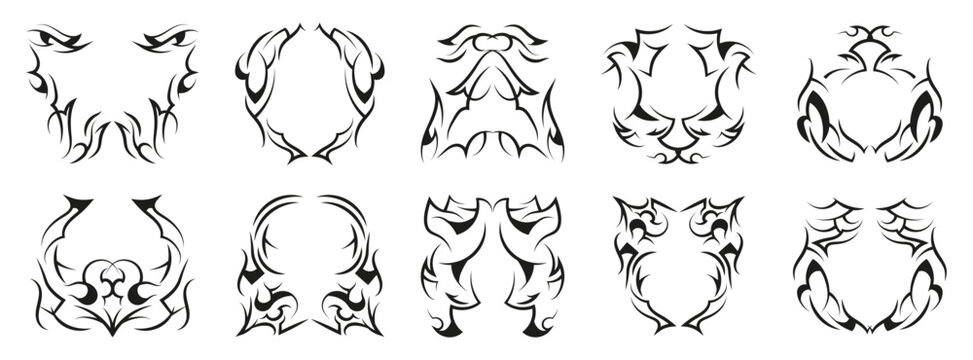Tribal ornamental frames collection with symmetrical black curves, sharp lines and decorative shapes