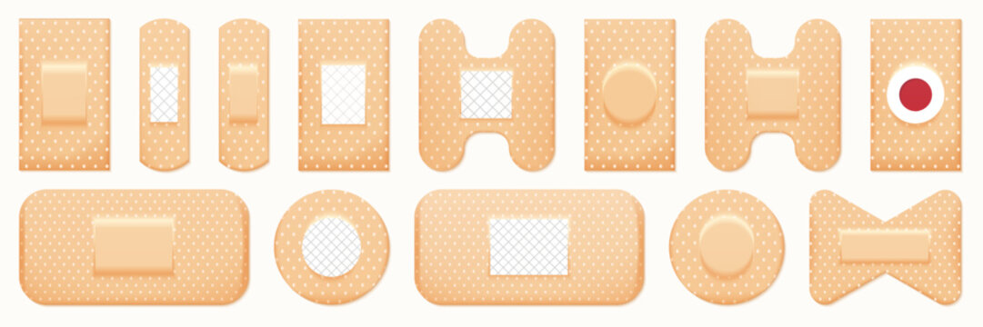 Adhesive bandage collection with various medical plaster shapes, pads and protective wound coverings