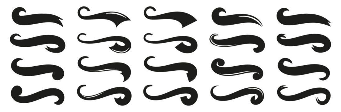 Decorative black swoosh shapes collection with curved tails, flowing lines and ornamental forms