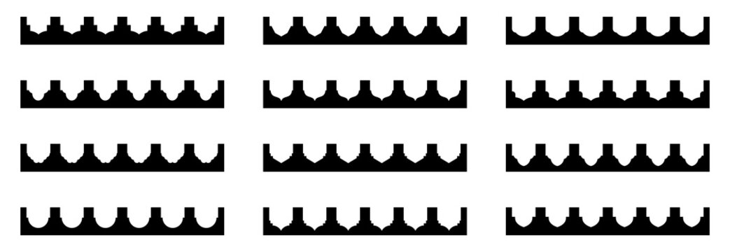Decorative black border patterns collection with repeating curved cutout shapes and geometric edges