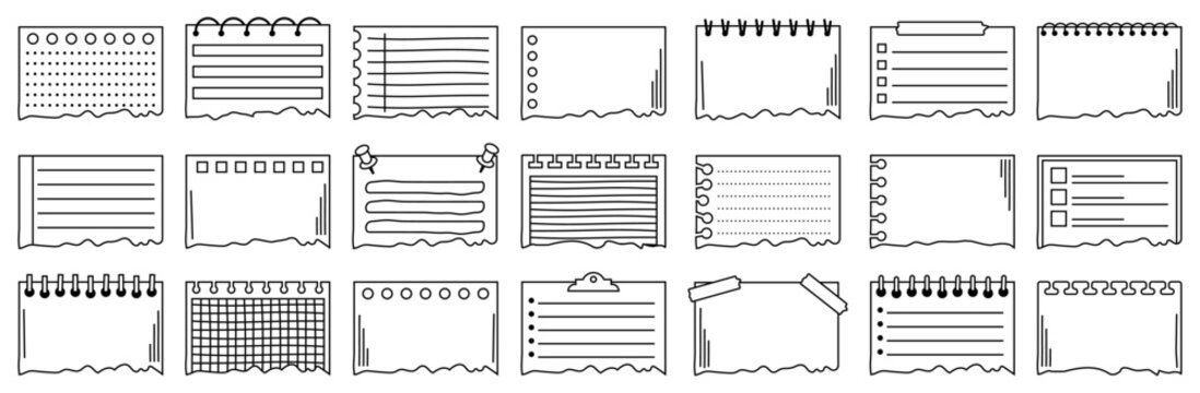 Hand drawn paper note frames collection with notebooks, checklists, torn edges and writing templates