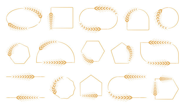 Golden wheat frame collection with elegant grain branches, geometric borders and decorative agricultural