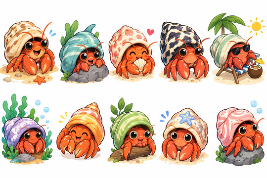 Sets of cute colorful hermit crab cartoon scalable