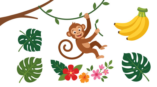 Cute cartoon monkey swinging on vine with tropical leaves and bananas